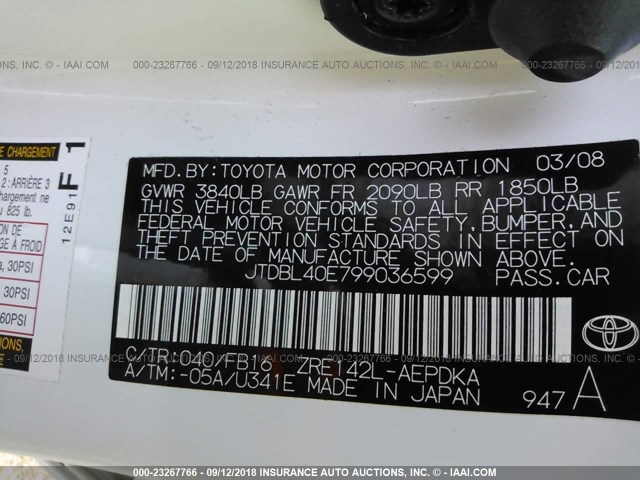 JTDBL40E799036599 - 2009 TOYOTA COROLLA LE/XLE WHITE photo 9