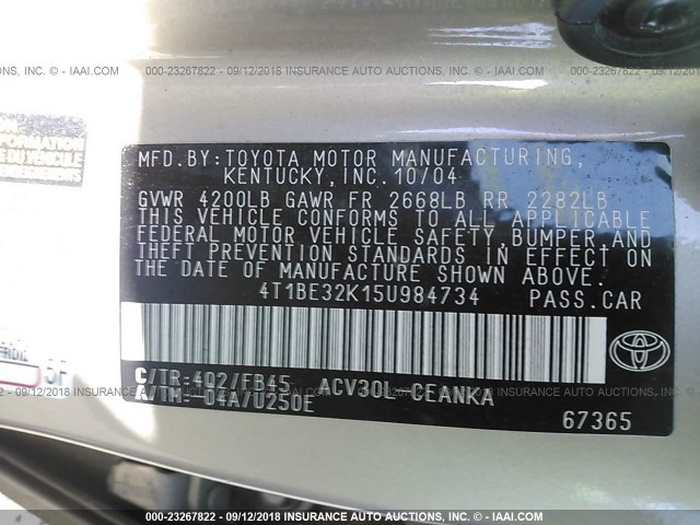 4T1BE32K15U984734 - 2005 TOYOTA CAMRY LE/XLE/SE TAN photo 9