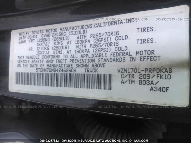 5TEHN72N84Z462608 - 2004 TOYOTA TACOMA DOUBLE CAB 黑色 照片 9