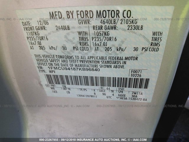 1FMCU94187KB96840 - 2007 FORD ESCAPE LIMITED SILVER photo 9