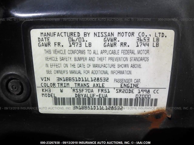 3N1BB51D11L128532 - 2001 NISSAN SENTRA SE BLACK photo 9