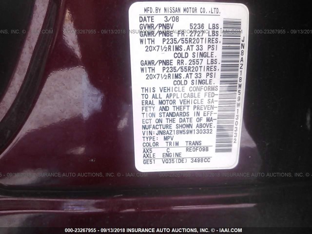 JN8AZ18W59W130332 - 2009 NISSAN MURANO S/SL/LE MAROON photo 9