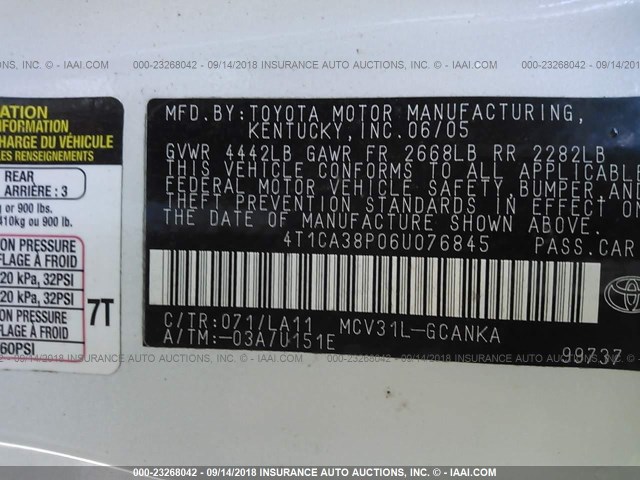 4T1CA38P06U076845 - 2006 TOYOTA CAMRY SOLARA SE/SLE თეთრი ფოტო 9