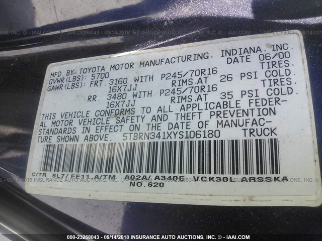 5TBRN341XYS106180 - 2000 TOYOTA TUNDRA ACCESS CAB SR5 BLUE photo 9