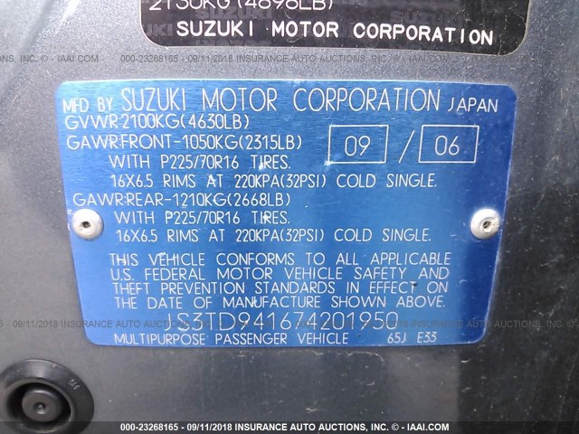 JS3TD941674201950 - 2007 SUZUKI GRAND VITARA  BLUE photo 9