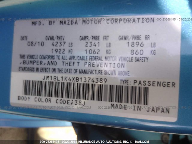 JM1BL1K4XB1374389 - 2011 MAZDA SPEED 3 BLUE photo 9