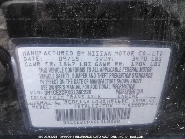 3N1CE2CPXGL360220 - 2016 NISSAN VERSA NOTE S/S PLUS/SV/SL/SR BLACK photo 9