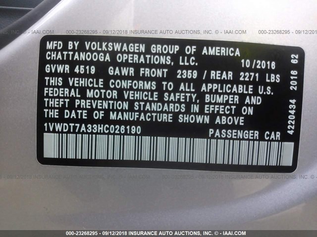 1VWDT7A33HC026190 - 2017 VOLKSWAGEN PASSAT R-LINE Gümüş foto 9