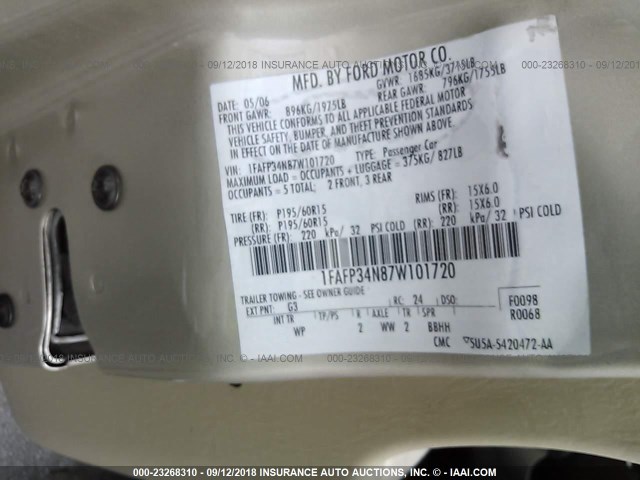 1FAFP34N87W101720 - 2007 FORD FOCUS ZX4/S/SE/SES 米色 照片 9
