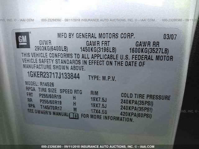 1GKER23717J133844 - 2007 GMC ACADIA SLT-1 Gris foto 9