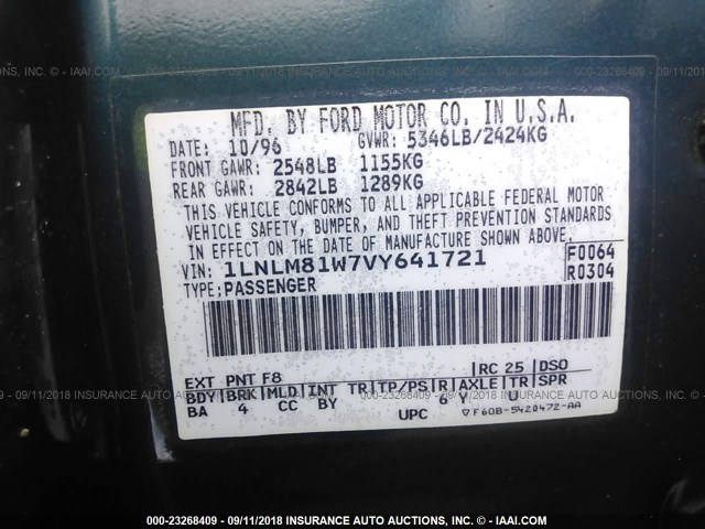 1LNLM81W7VY641721 - 1997 LINCOLN TOWN CAR EXECUTIVE GREEN photo 9