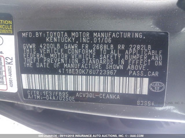 4T1BE30K76U723967 - 2006 TOYOTA CAMRY LE/XLE/SE 灰色 照片 9