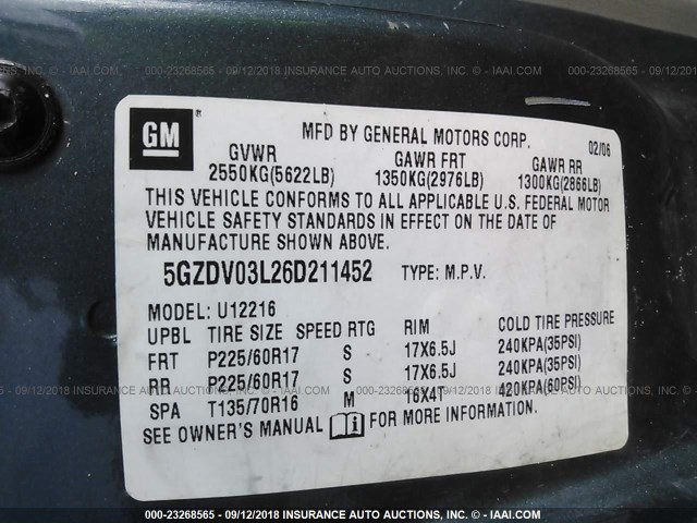 5GZDV03L26D211452 - 2006 SATURN RELAY 2 BLUE photo 9