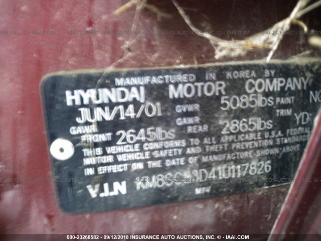 KM8SC83D41U117826 - 2001 HYUNDAI SANTA FE GLS/LX MAROON photo 9