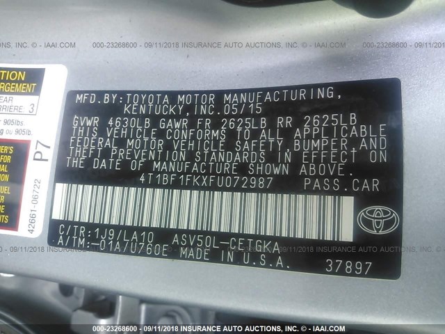 4T1BF1FKXFU072987 - 2015 TOYOTA CAMRY LE/XLE/SE/XSE SILVER photo 9