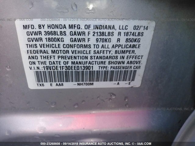 19VDE1F30EE013901 - 2014 ACURA ILX 20 SILVER photo 9