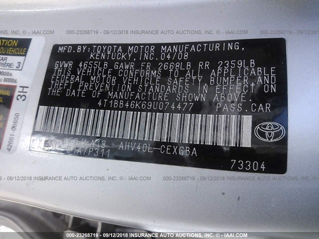 4T1BB46K69U074477 - 2009 TOYOTA CAMRY HYBRID SILVER photo 9