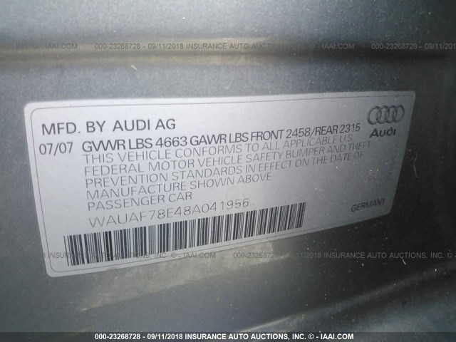 WAUAF78E48A041956 - 2008 AUDI A4 2.0T GRAY photo 9