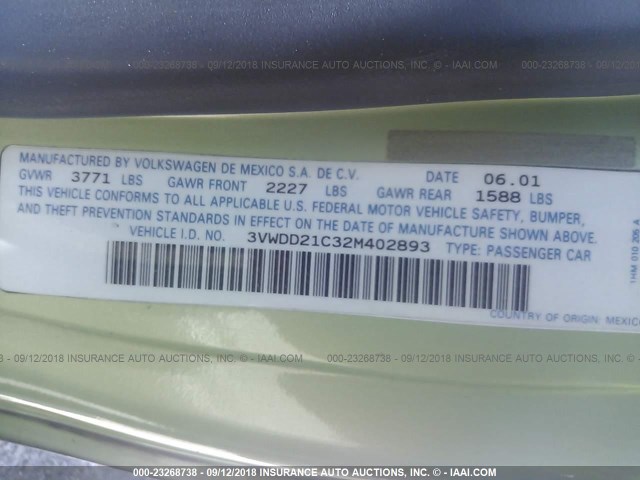 3VWDD21C32M402893 - 2002 VOLKSWAGEN NEW BEETLE GLX 绿色 照片 9