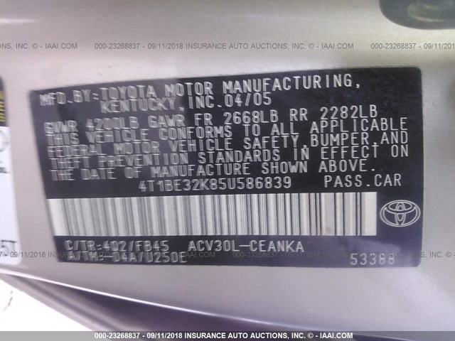 4T1BE32K85U586839 - 2005 TOYOTA CAMRY LE/XLE/SE Bej foto 9