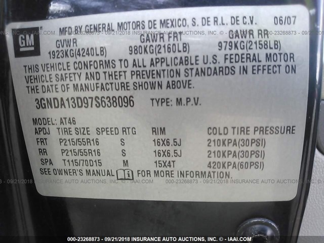 3GNDA13D97S638096 - 2007 CHEVROLET HHR LS Negro foto 9