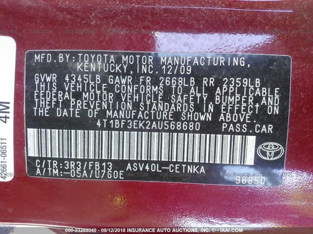 4T1BF3EK2AU568680 - 2010 TOYOTA CAMRY SE/LE/XLE RED photo 9