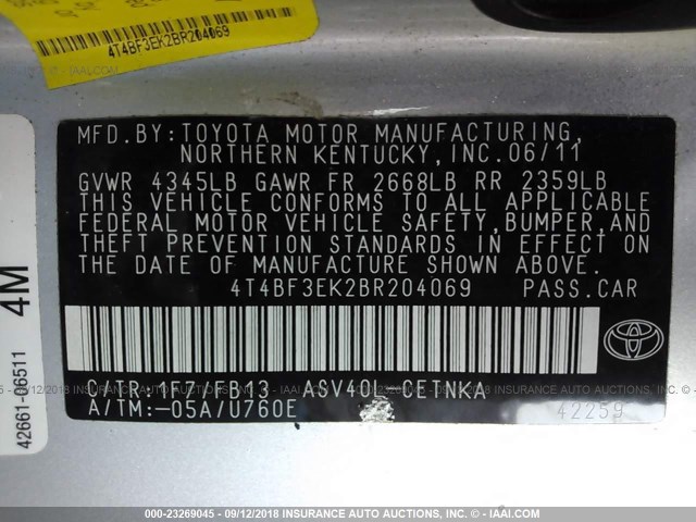 4T4BF3EK2BR204069 - 2011 TOYOTA CAMRY SE/LE/XLE 银色 照片 9