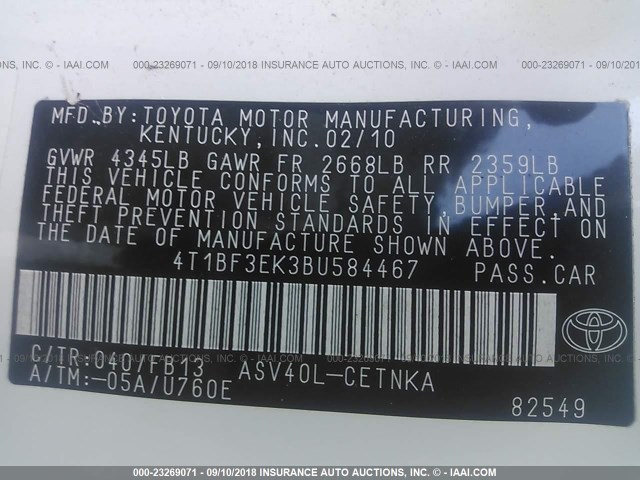 4T1BF3EK3BU584467 - 2011 TOYOTA CAMRY SE/LE/XLE WHITE photo 9