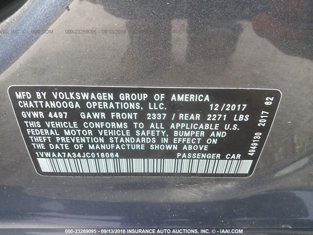 1VWAA7A34JC018064 - 2018 VOLKSWAGEN PASSAT S/R-LINE GRAY photo 9