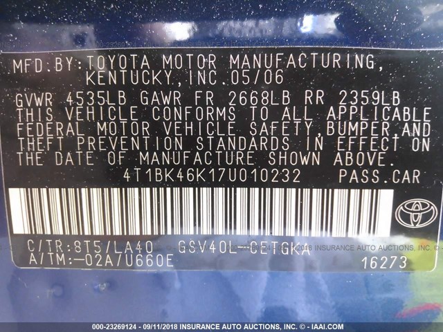 4T1BK46K17U010232 - 2007 TOYOTA CAMRY NEW GENERAT LE/XLE/SE BLUE photo 9