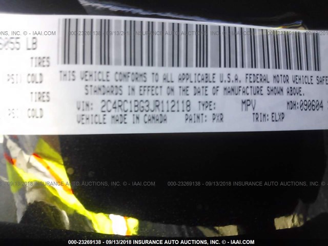 2C4RC1BG3JR112118 - 2018 CHRYSLER PACIFICA TOURING L Սև լուսանկար 9