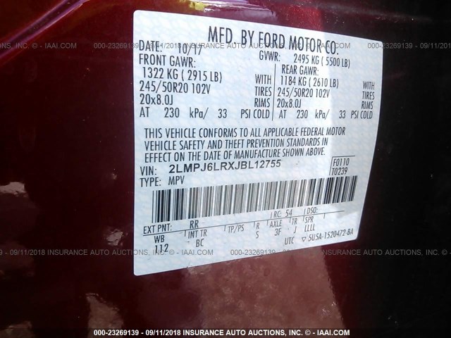 2LMPJ6LRXJBL12755 - 2018 LINCOLN MKX RESERVE წითელი ფოტო 9