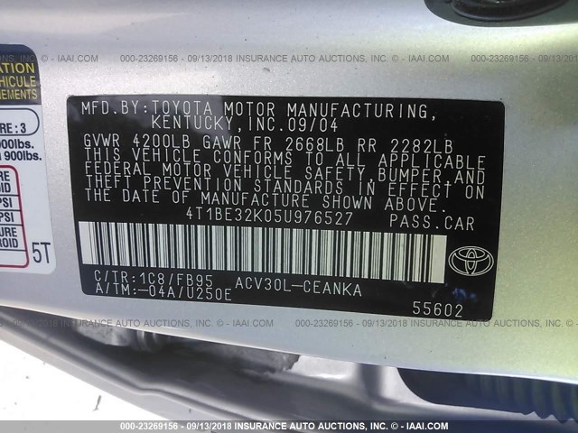 4T1BE32K05U976527 - 2005 TOYOTA CAMRY LE/XLE/SE Gümüş foto 9