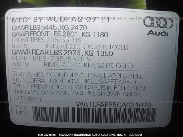 WA1LFAFP5CA021070 - 2012 AUDI Q5 PREMIUM PLUS BLACK photo 9