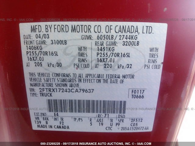 2FTRX17243CA79637 - 2003 FORD F150 红色 照片 9