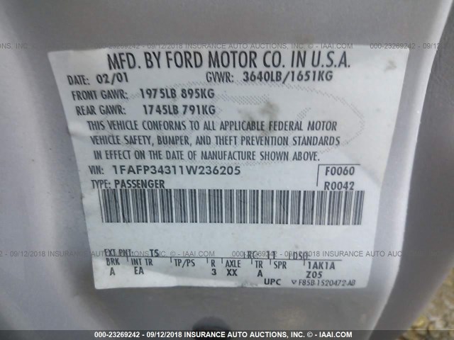 1FAFP34311W236205 - 2001 FORD FOCUS SE/SE SPORT SILVER photo 9