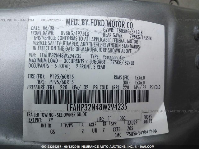 1FAHP32N48W294235 - 2008 FORD FOCUS S/SE GRAY photo 9