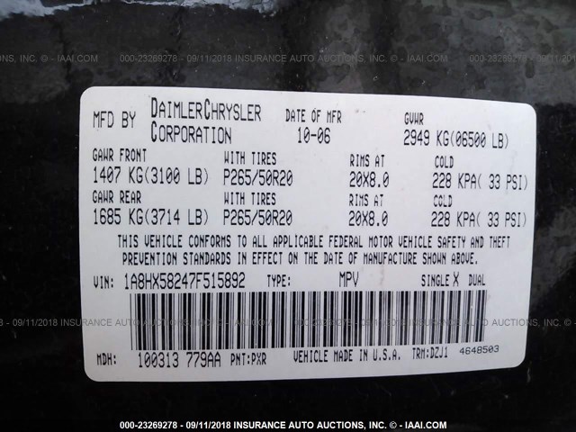 1A8HX58247F515892 - 2007 CHRYSLER ASPEN LIMITED შავი ფოტო 9