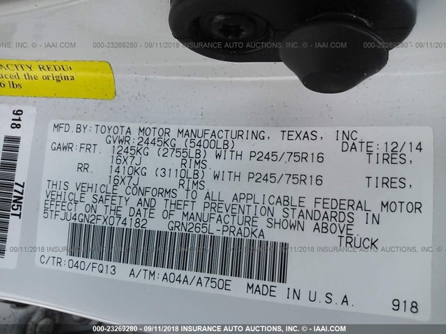 5TFJU4GN2FX074182 - 2015 TOYOTA TACOMA DOUBLE CAB PRERUNNER WHITE photo 9