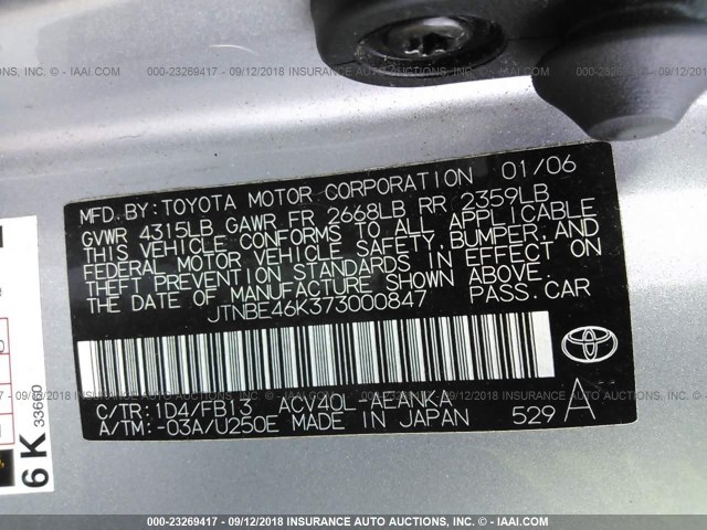 JTNBE46K373000847 - 2007 TOYOTA CAMRY NEW GENERAT CE/LE/XLE/SE SILVER photo 9