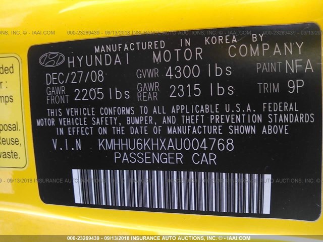 KMHHU6KHXAU004768 - 2010 HYUNDAI GENESIS COUPE 3.8L YELLOW photo 9