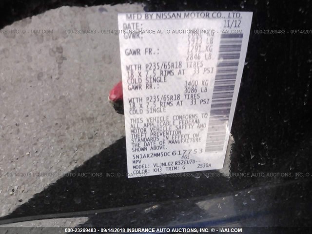 5N1AR2MM5DC617753 - 2013 NISSAN PATHFINDER S/SV/SL/PLATINUM BLACK photo 9