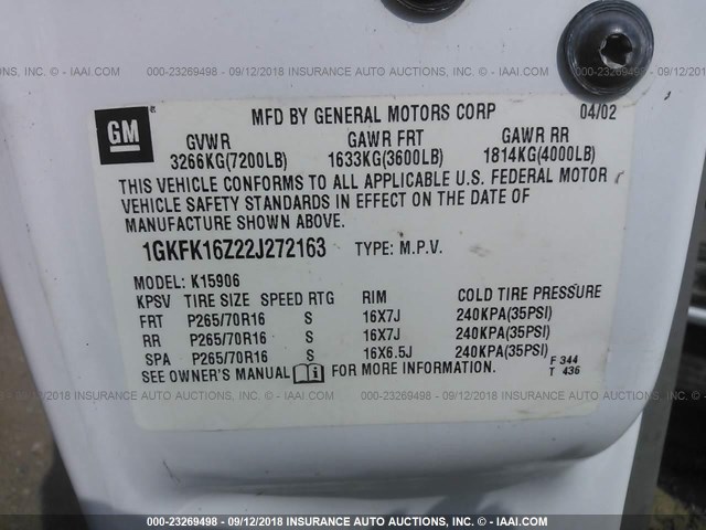 1GKFK16Z22J272163 - 2002 GMC YUKON XL K1500 WHITE photo 9