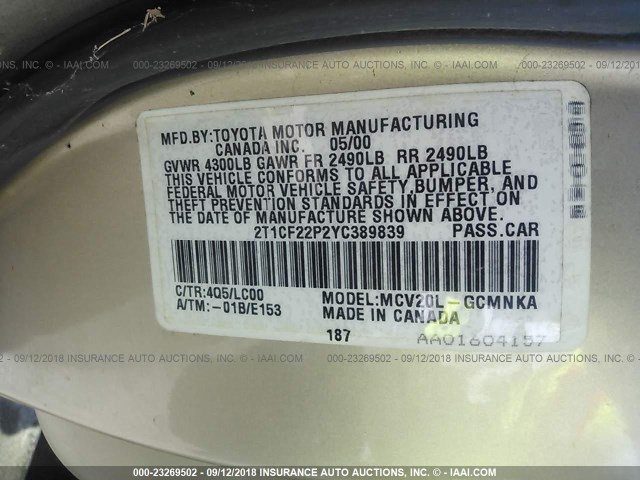 2T1CF22P2YC389839 - 2000 TOYOTA CAMRY SOLARA SE/SLE ოქროსფერი ფოტო 9
