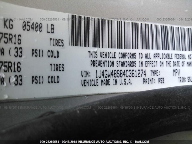1J4GW48S84C361274 - 2004 JEEP GRAND CHEROKEE LAREDO/COLUMBIA/FREEDOM 银色 照片 9