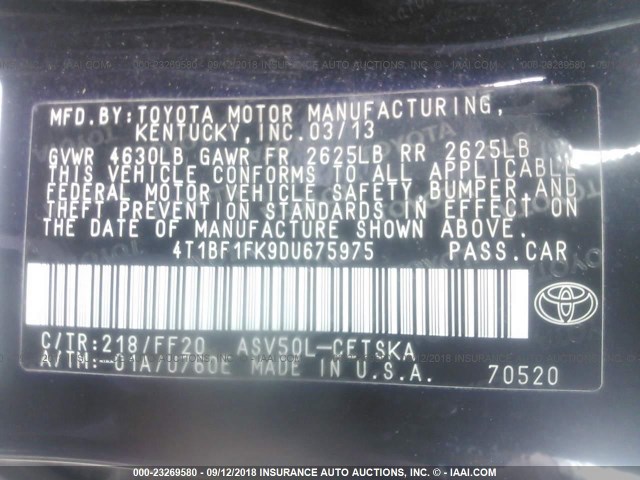 4T1BF1FK9DU675975 - 2013 TOYOTA CAMRY L/SE/LE/XLE 黑色 照片 9