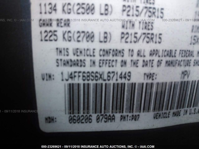 1J4FF68S6XL671449 - 1999 JEEP CHEROKEE SPORT/CLASSIC ლურჯი ფოტო 9