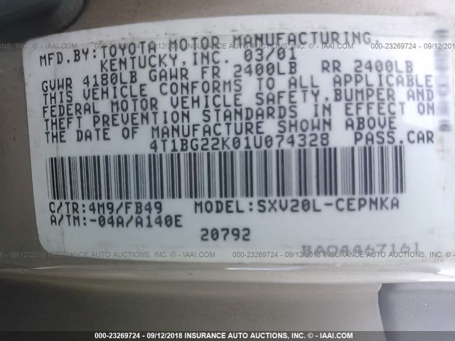 4T1BG22K01U074328 - 2001 TOYOTA CAMRY CE/LE/XLE 金色 照片 9