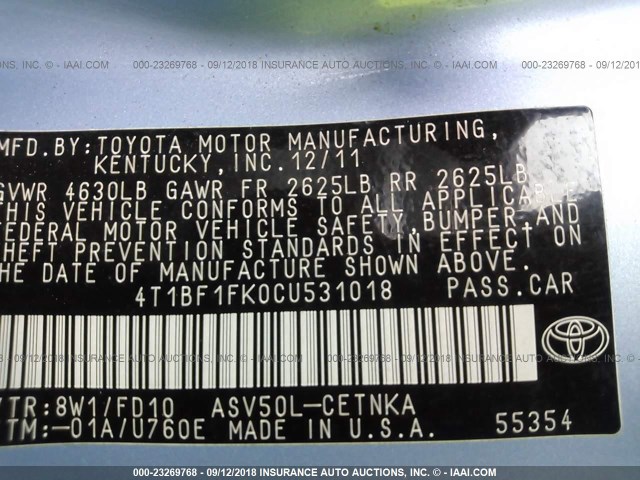 4T1BF1FK0CU531018 - 2012 TOYOTA CAMRY SE/LE/XLE Light Blue photo 9