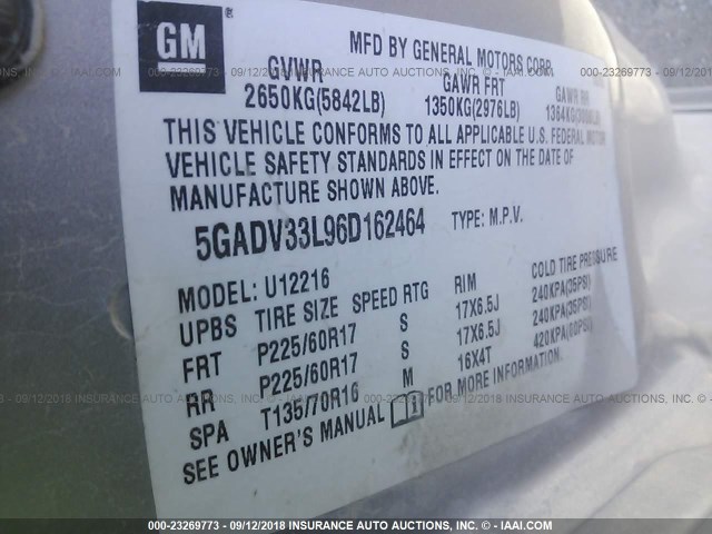 5GADV33L96D162464 - 2006 BUICK TERRAZA CXL SILVER photo 9